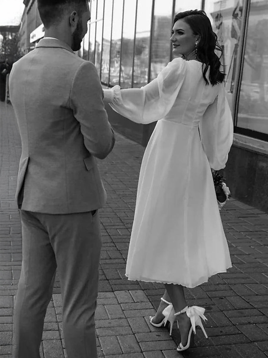 A-Line/Princess Little White Dresses For Formal/Wedding Dresses V-Neck Long Sleeves Ankle-Length Chiffon Daily Dresses With Pleats&Back Zipper