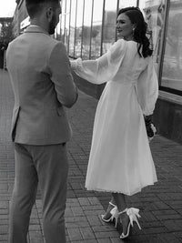 A-Line/Princess Little White Dresses For Formal/Wedding Dresses V-Neck Long Sleeves Ankle-Length Chiffon Daily Dresses With Pleats&Back Zipper