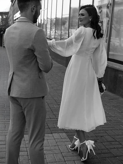 A-Line/Princess Little White Dresses For Formal/Wedding Dresses V-Neck Long Sleeves Ankle-Length Chiffon Daily Dresses With Pleats&Back Zipper