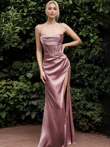 Sheath/Column Long Corset Prom Dresses Spaghetti Straps Satin Gown Floor-length With High Split Ruched 2025