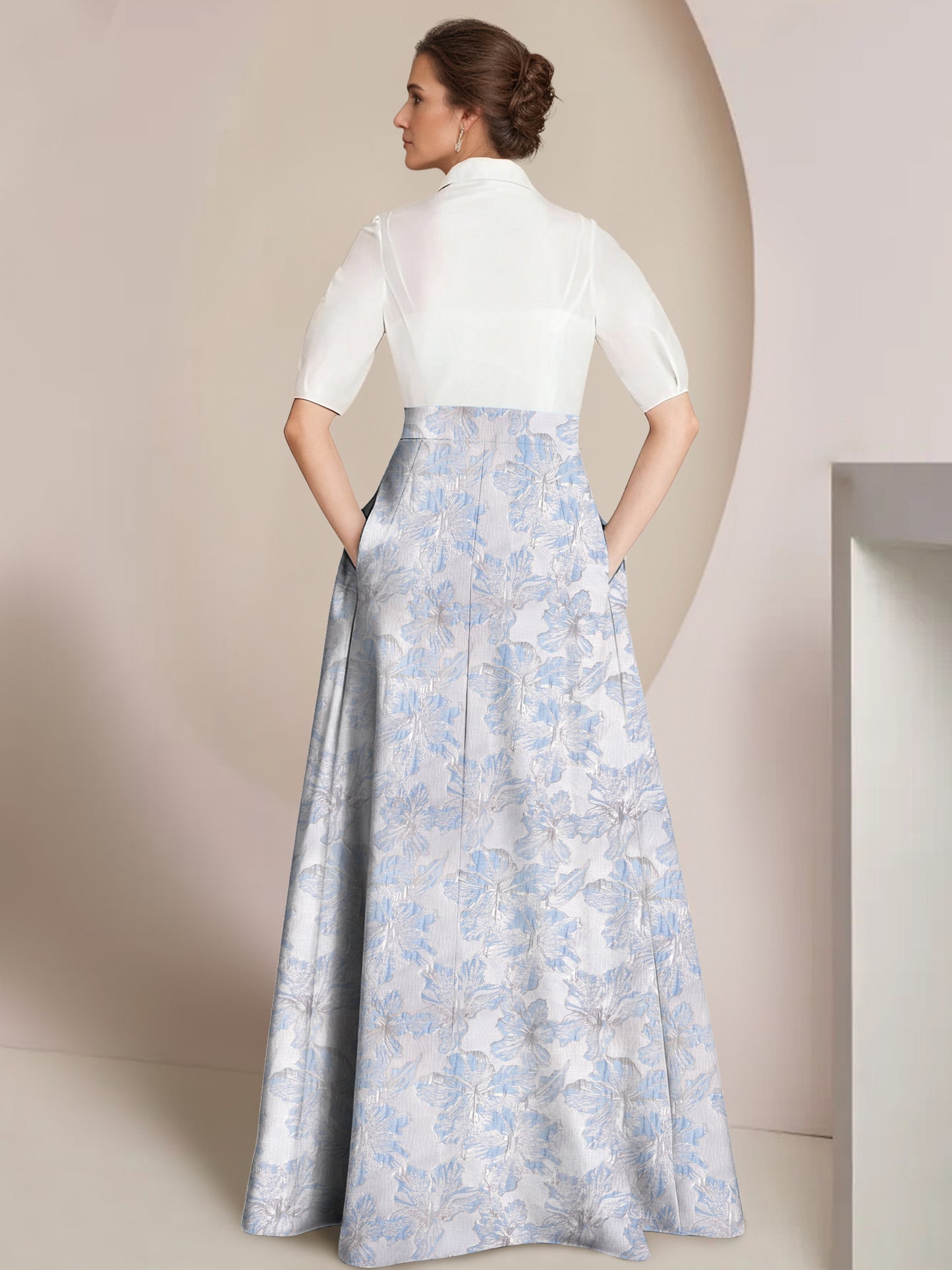 A-Line/Princess Mother Of The Bride Dresses Floral Formal Shirt Collar Short Sleeves Floor-Length 2 pieces  with Bowknot Pocket