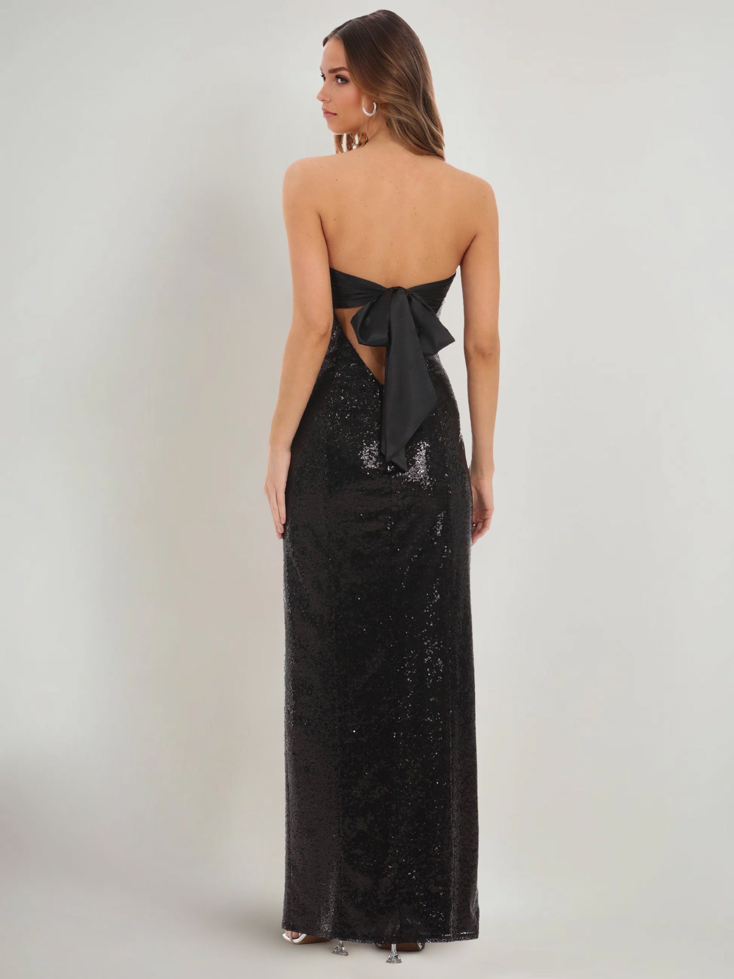 Sheath/Column Prom Dress Wedding Guest Dress Off The Shoulder Sleeveless Ankle Length Sequin Dresses With Side Slit