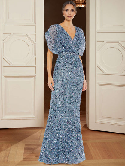 Sheath/Column Sequined Evening Dress Sparkle V Neck Sleeveless Floor-Length Elegant Formal Dress With Ruched