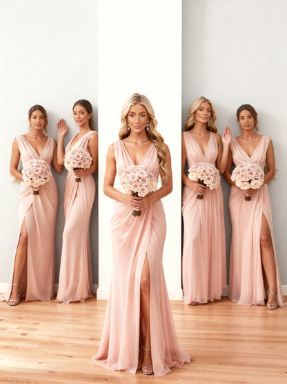Sheath/Column V-Neck Sleeveless Floor-Length  Chiffon Bridesmaid Dress