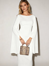 Sheath/Column Little White Dresses For Wedding Scoop Neck Long Sleeves Tea Length Satin Formal Dresses With Back Zipper