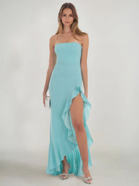 Sheath/Column Wedding Guest Dresses Off The Shoulder Sleeveless Ankle Length Back Bow Prom Dress With Side Split Ruffle