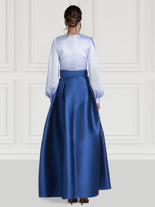 A字型晚礼服高开叉正装婚宴礼服及地长袖深V领系腰带/腰带缎面带褶裥开衩