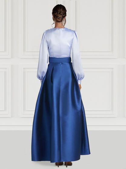 A-Line Evening Gown High Split Dress Formal Wedding Guest Floor Length Long Sleeve V Neck Belt / Sash Satin with Pleats Slit