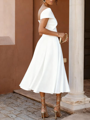 A-Line/Princess Little White Dresses For Formal/Wedding Dresses Off-The-Shoulder Sleeveless Tea-Length Stretch Crepe Cocktail Dress With Ruched