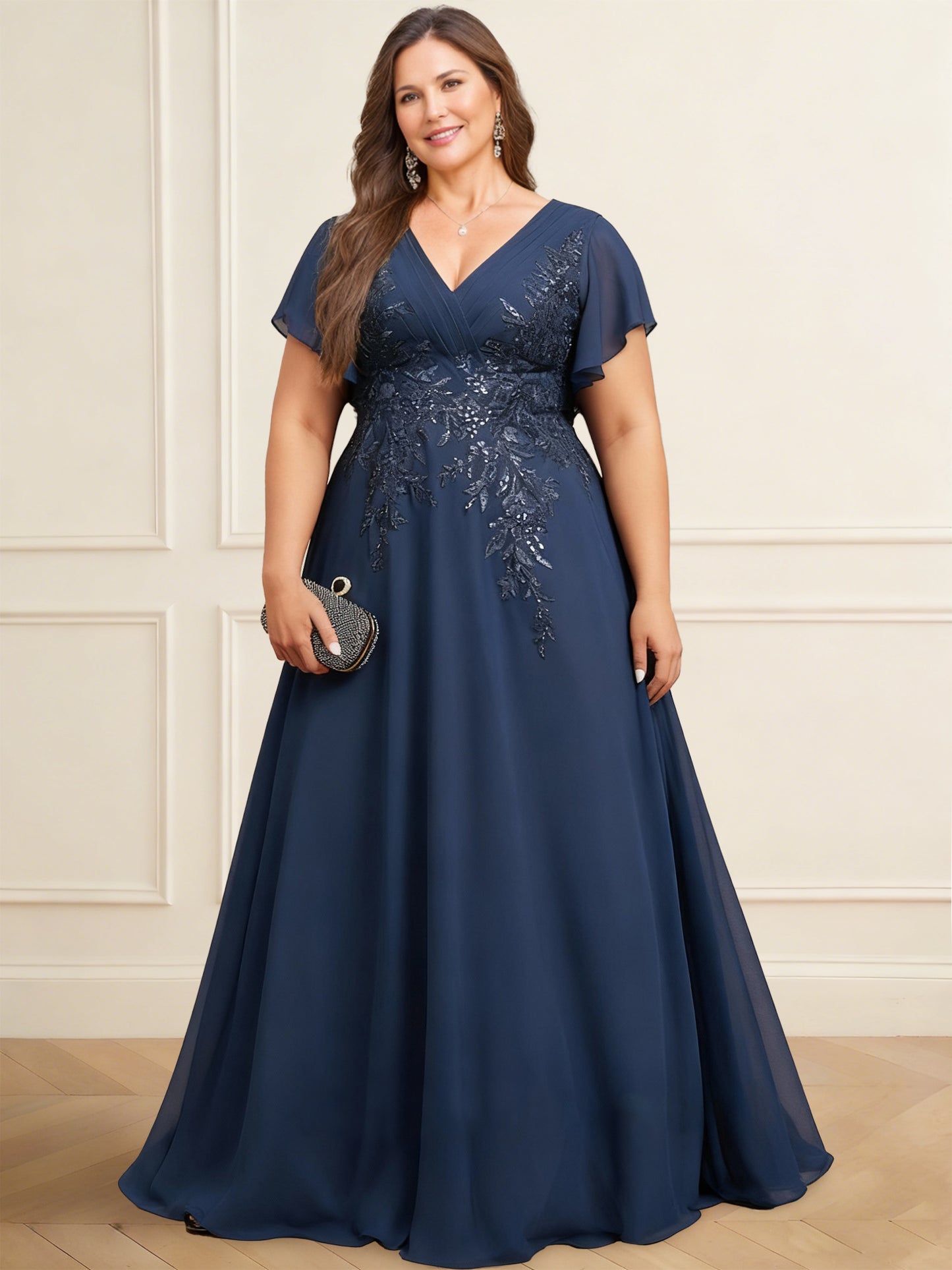 A-Line Mother of the Bride Dresses Chiffon Elegant Dress V Neck Short Sleeves Floor-Length With Sequins Appliques