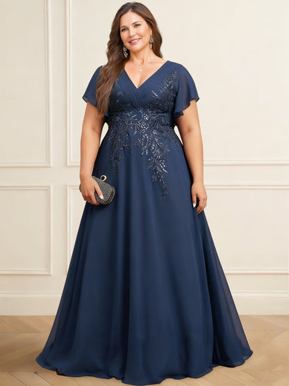 A-Line Mother of the Bride Dresses Chiffon Elegant Dress V Neck Short Sleeves Floor-Length With Sequins Appliques