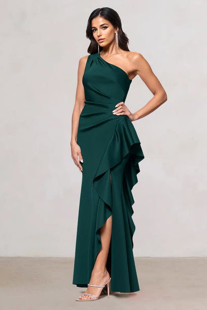 Sheath/Column Satin One-Shoulder Sleeveless Floor-Length Evening/Wedding Guest Dresses With Side Slit & Ruffle