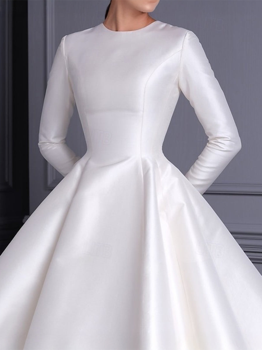 Ball Gown Little White Dresses For Formal/Wedding Dresses Jewel Neck Long Sleeves Tea Length Satin Cocktail Dresses With Pleats