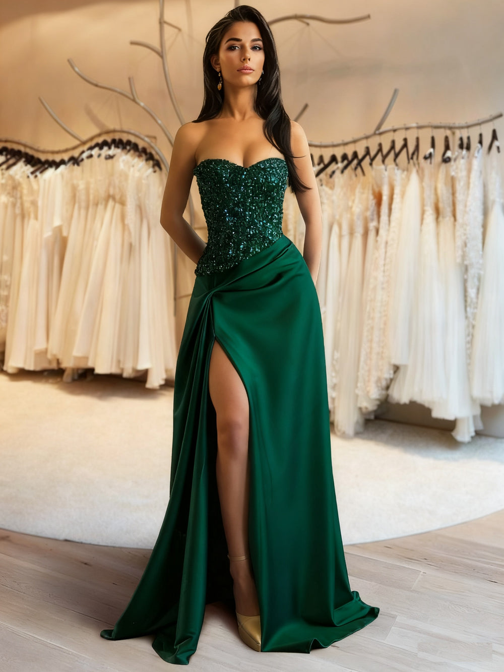 A Line Elegant Evening Dress V Neck Long Sleeves Floor Length Formal Elegant Dress with Sequins