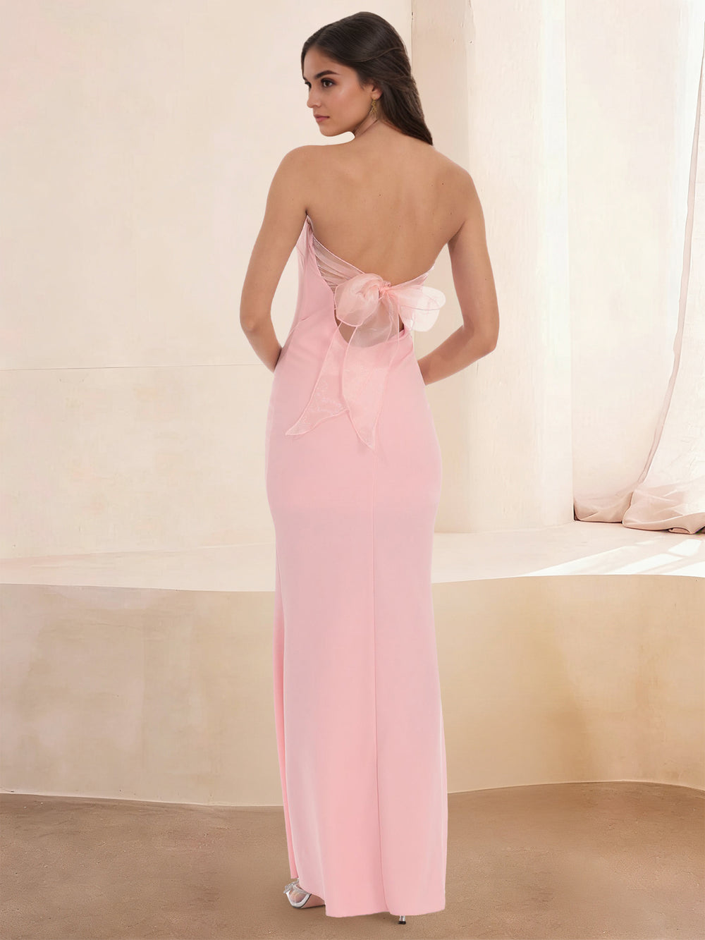 Sheath/Column Crepe Strapless Sleeveless Floor-Length Prom Dresses with A Back Bow