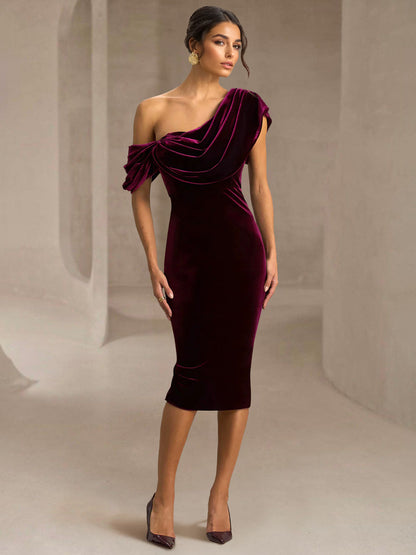 Mermaid Mother Of The Bride Dresses Elegant Dress Short Sleeve One Shoulder Tea Length Ruched Cocktail