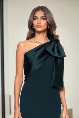 Sheath/Column Evening Dress Stretch Crepe & Satin Bow One-Shoulder Sleeveless Floor-Length Wedding Guest Dresses