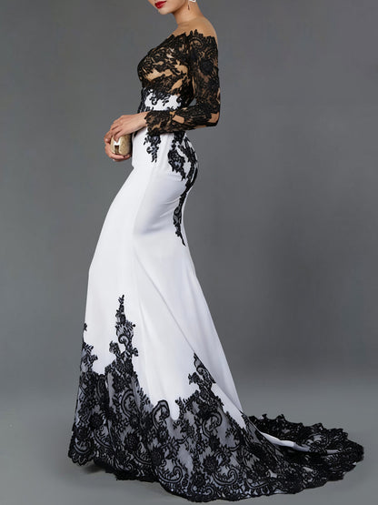 Mermaid Mother Of The Bride Dress Color Block Evening Dress Wedding Party Sweep / Brush Train Long Sleeve Off Shoulder Fall Wedding Reception Stretch Fabric with Lace