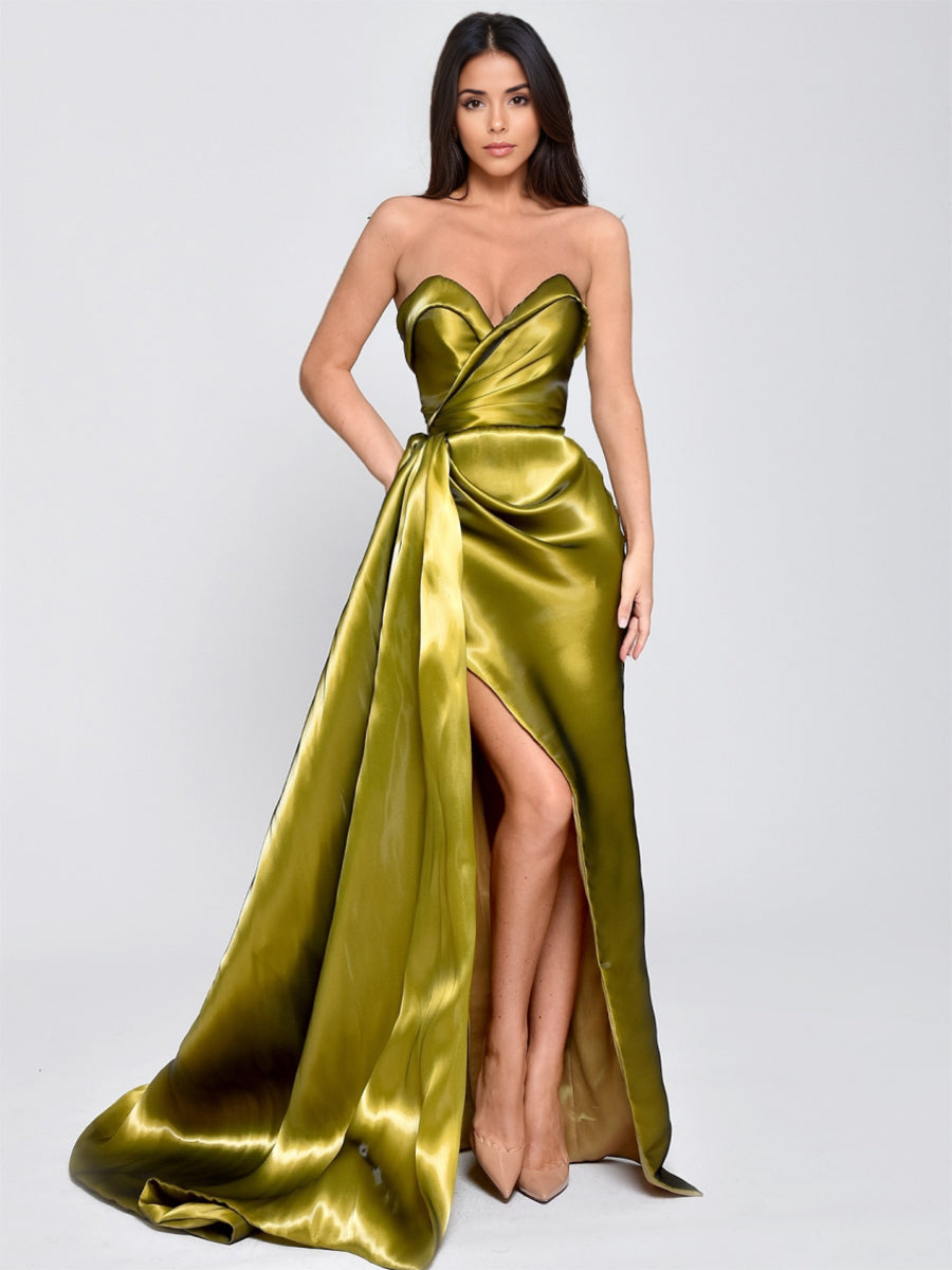 A-Line/Princess Liquid Satin Sweetheart Sleeveless Floor Length Evening Dress With High Side Split&Pleats