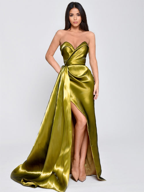 A-Line/Princess Liquid Satin Sweetheart Sleeveless Floor Length Evening Dress With High Side Split&Pleats