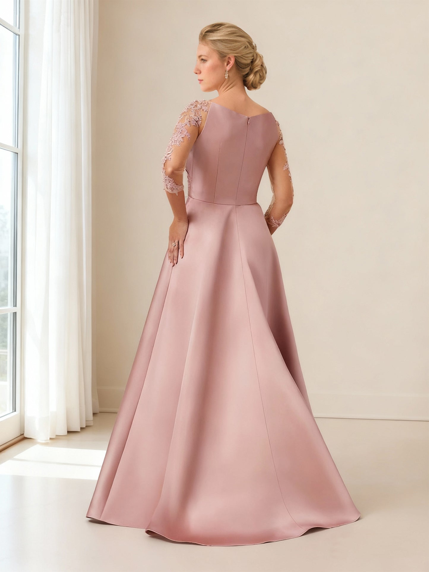 A-Line/Princess Mother Of The Bride Dress V Neck Long Sleeves Floor-Length Satin Formal Dress With Appliques Pocket