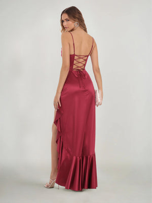 Sheath/Column Wedding Guest Dress Spaghetti Straps Sleeveless Ankle Length With Side Split Ruffle Prom