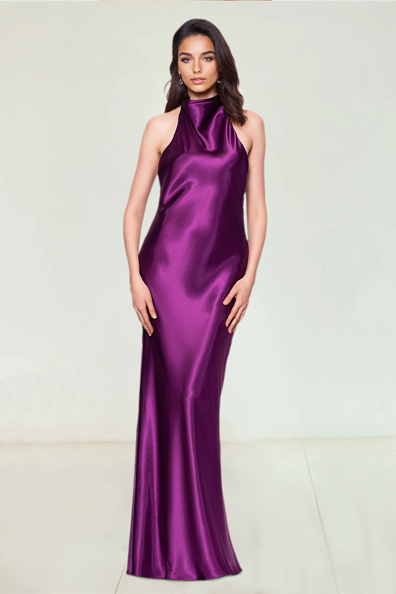A-Line/Princess Satin Halter & Bow neck Sleeveless Floor-Length Evening Dresses