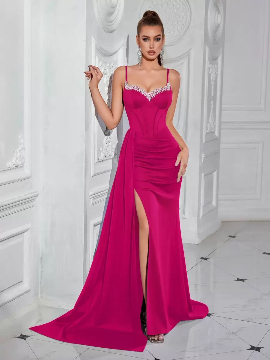 Sheath/Column Stain Evening/Formal Dress Floor-Length Spaghetti Straps With Sequins Sleeveless Side Slit With  Back Delicate Tie