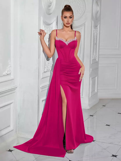 Sheath/Column Stain Evening/Formal Dress Floor-Length Spaghetti Straps With Sequins Sleeveless Side Slit With  Back Delicate Tie