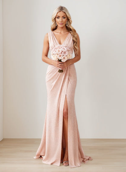 Sheath/Column V-Neck Sleeveless Floor-Length  Chiffon Bridesmaid Dress