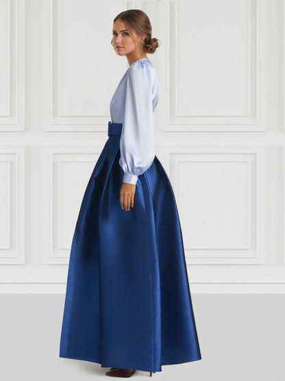 A-Line Evening Gown High Split Dress Formal Wedding Guest Floor Length Long Sleeve V Neck Belt / Sash Satin with Pleats Slit