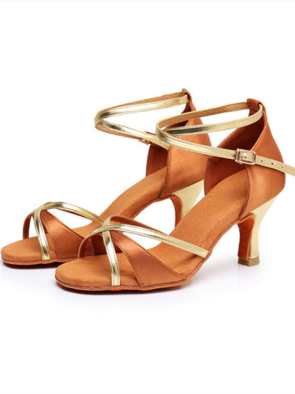Women's Dancewear Shoes Ankle Strap Heel Peep Toe Satin Latin Shoes