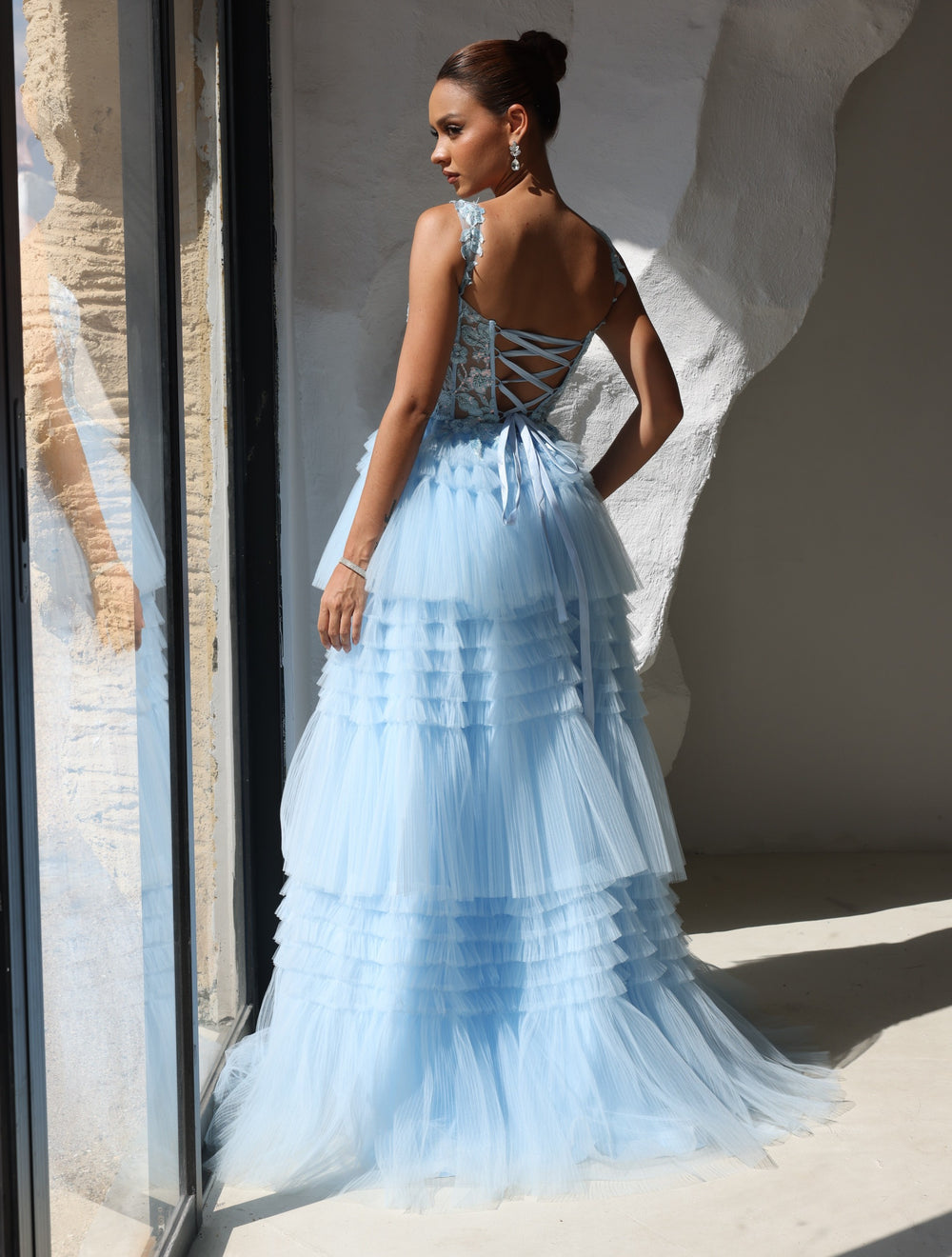 A-Line/Princess Prom Dress Short Sleeves Tulle Layered Formal Gowns Long Dresses With Split Side Appliques
