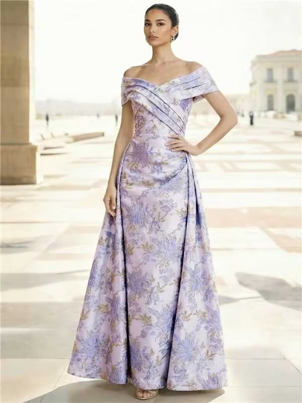 A Line/Princesses Evening Gown Elegant Floral Jacquard Evening Dress Satin Off the Shoulder Floor-Length Formal Dress With Overskirt