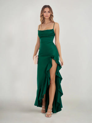 Sheath/Column Wedding Guest Dress Spaghetti Straps Sleeveless Ankle Length With Side Split Ruffle Prom