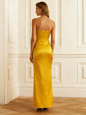 Sheath/Column Evening Dress Strapless Sleeveless Ankle-Length Satin Prom Dresses With High Side Split&Pleats