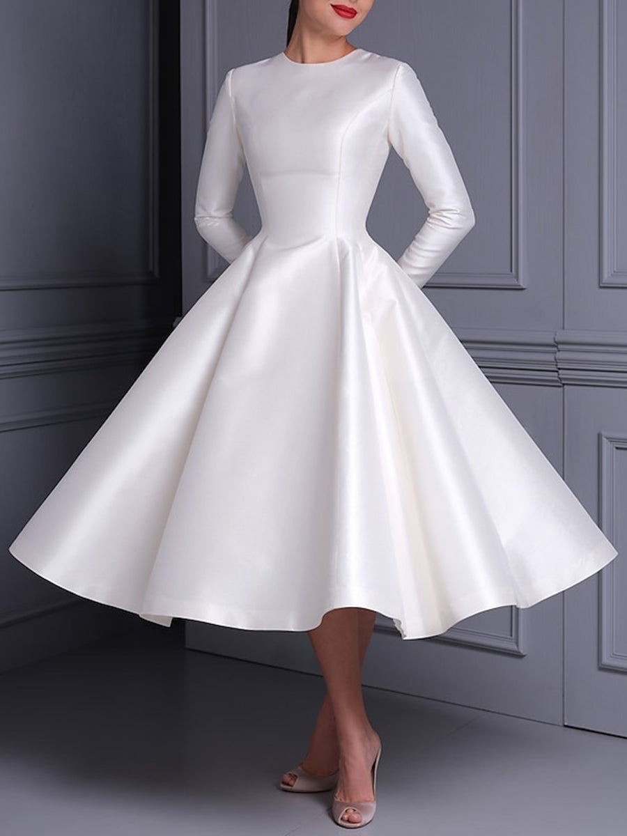 Ball Gown Little White Dresses For Formal/Wedding Dresses Jewel Neck Long Sleeves Tea Length Satin Cocktail Dresses With Pleats