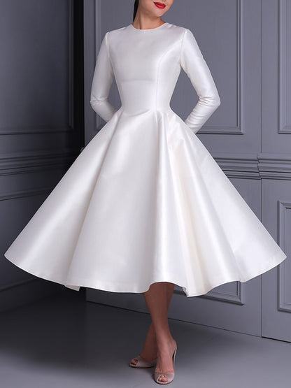 Ball Gown Little White Dresses For Formal/Wedding Dresses Jewel Neck Long Sleeves Tea Length Satin Cocktail Dresses With Pleats
