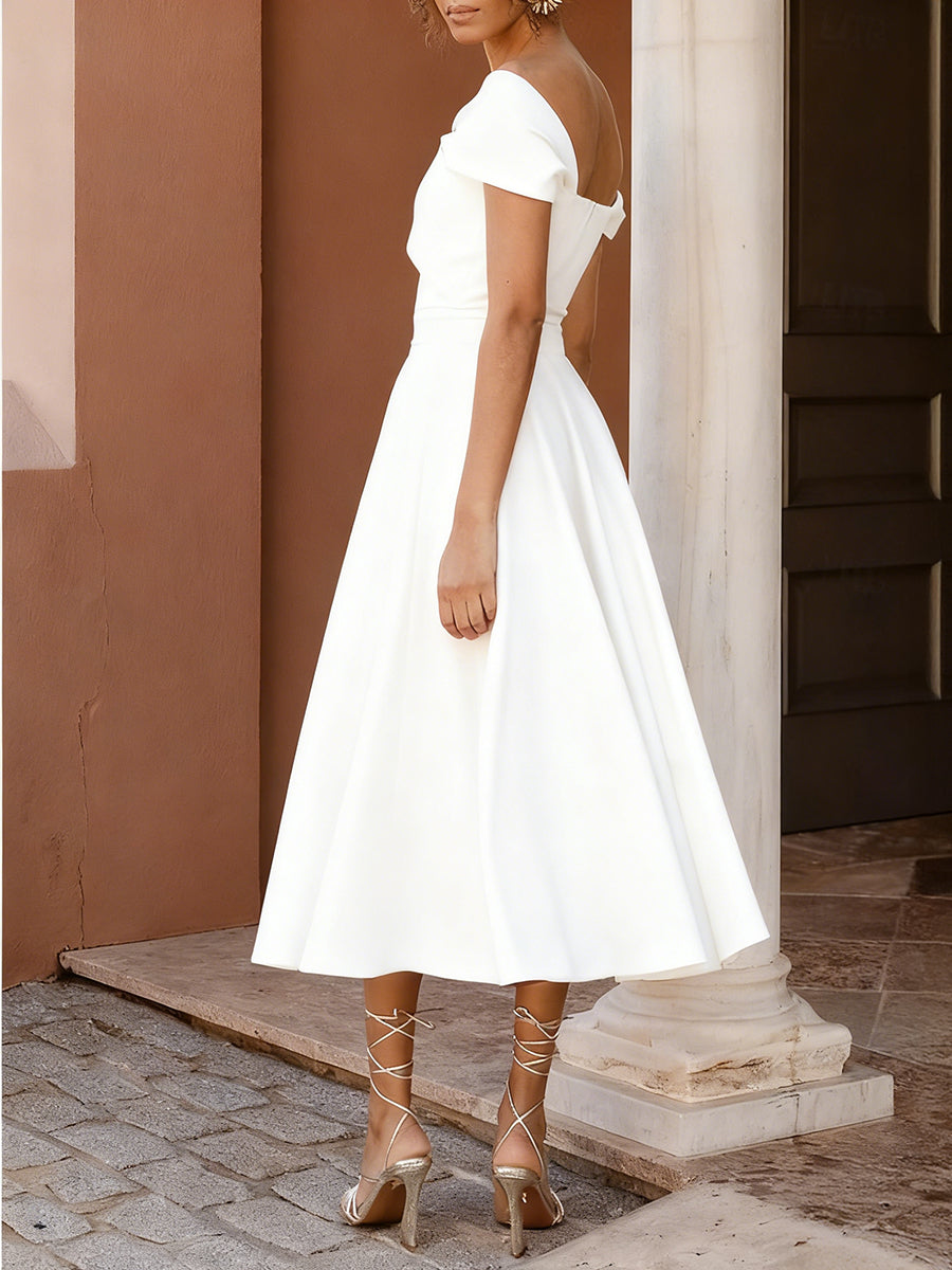 A-Line/Princess Little White Dresses For Formal/Wedding Dresses Off-The-Shoulder Sleeveless Tea-Length Stretch Crepe Cocktail Dress With Ruched