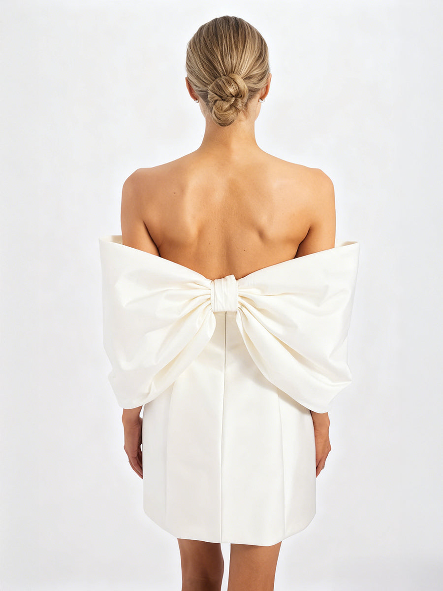 A-Line/Princess Little White Dresses Taffeta Party Dresses Sweetheart Sleeveless Short/Mini Wedding Dress With Big Bow