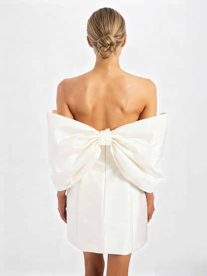 A-Line/Princess Little White Dresses Taffeta Party Dresses Sweetheart Sleeveless Short/Mini Wedding Dress With Big Bow