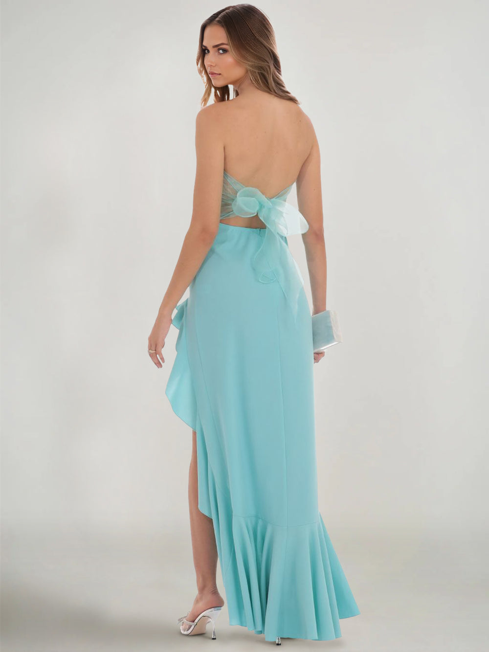 Sheath/Column Wedding Guest Dresses Off The Shoulder Sleeveless Ankle Length Back Bow Prom Dress With Side Split Ruffle