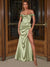 A-Line Prom Dress Satin Spaghetti Straps&Off-the-Shoulder Sleeveless Floor-Length Formal Dresses With High Side Split&Back Zipper