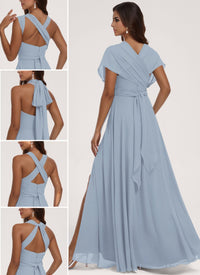 A-Line/Princess  Halter One Shoulder V-Neck Floor-Length Chiffon Bridesmaid Dress