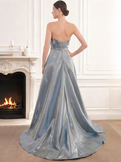 A-Line/Princess Liquid Satin Sweetheart Sleeveless Floor Length Evening Dress With Pleats