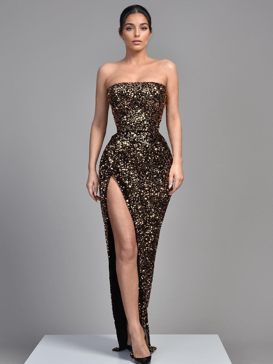 Sheath/Column Sequins Sweetheart Sleeveless Floor-Length High Side Split&Pleats Evening Dress With Back Lace-Up