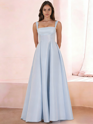 A-Line/Princess Square Neck Sleeveless Floor-Length Elegant Satin Prom Dresses