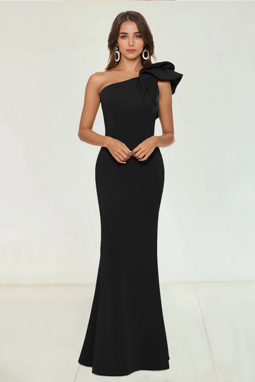Sheath/Column Satin One-Shoulder With Ruffle Sleeveless Floor-Length Evening/Wedding Guest Dresses