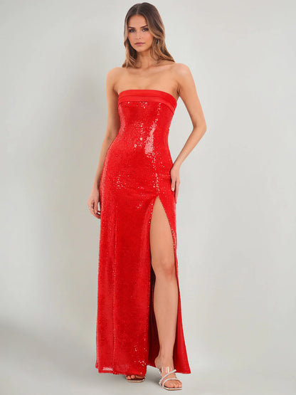 Sheath/Column Prom Dress Wedding Guest Dress Off The Shoulder Sleeveless Ankle Length Sequin Dresses With Side Slit