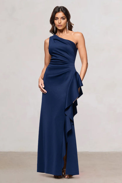 Sheath/Column Satin One-Shoulder Sleeveless Floor-Length Evening/Wedding Guest Dresses With Side Slit & Ruffle